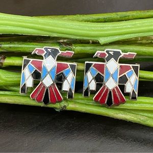 Indian Lore Genuine Copper Porcelain Enamel Inlaid Thunderbird Clip On Earrings